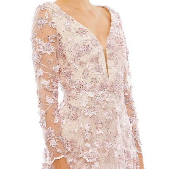 Mac Duggal Nude Rose Pink Floral Appliqué Long Sleeve Lace A-Line Gown - Picture 3 of 3